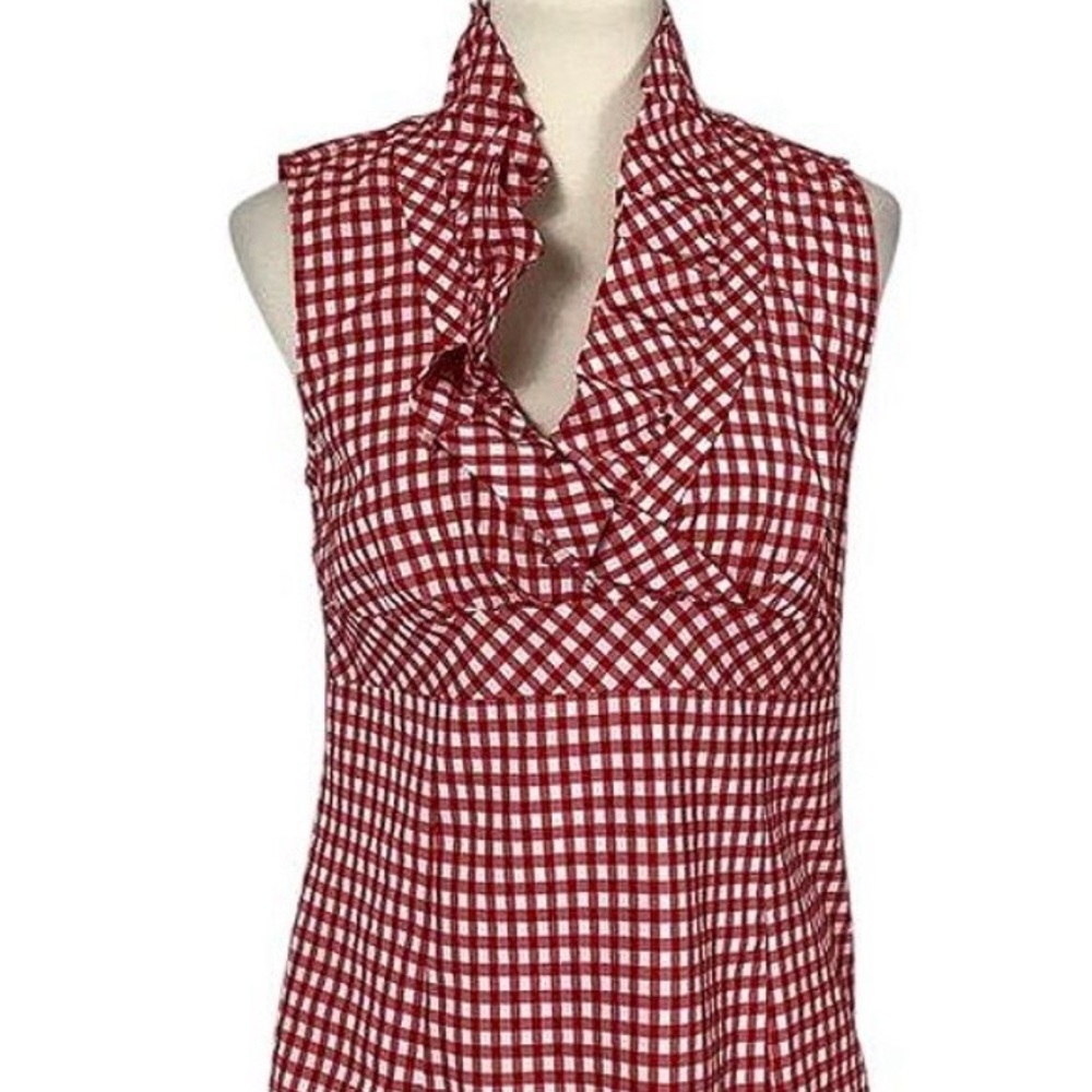 Lafayette 148 New York Red and White Gingham Ruffle V-Neck Sleeveless Top
